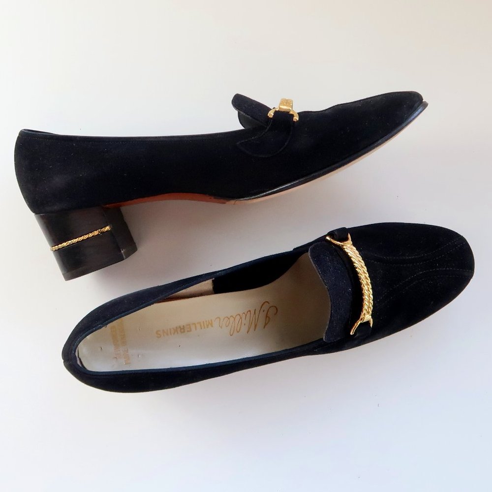Rare Vintage I. Miller Millerkins 70s Black Suede Leather Block Heels / Shoes